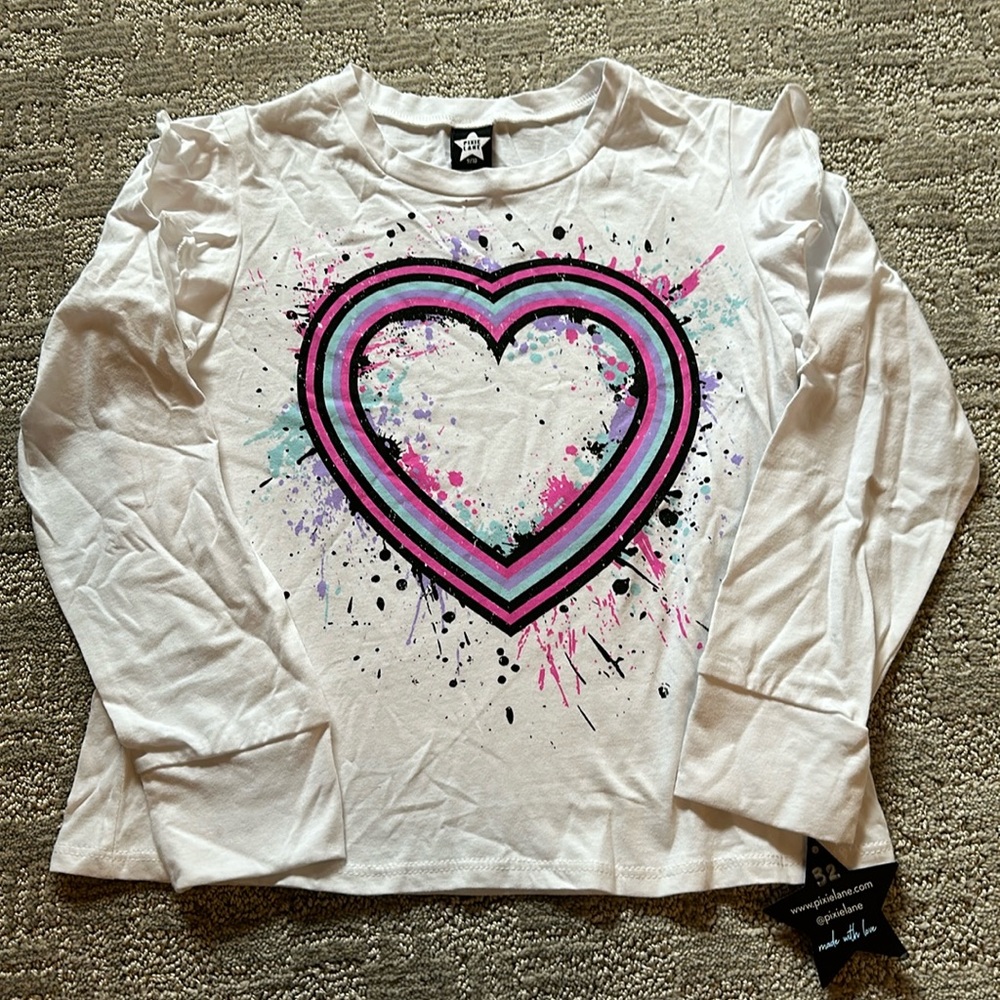 Ruffle Splatter heart LS PixieLane top 9/10 NWT